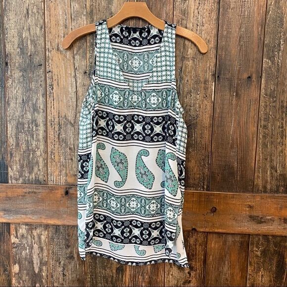 Olivaceous S Green Black Paisley Flowy Sleeveless Summer Relaxed Side Slit Top - Picture 4 of 8